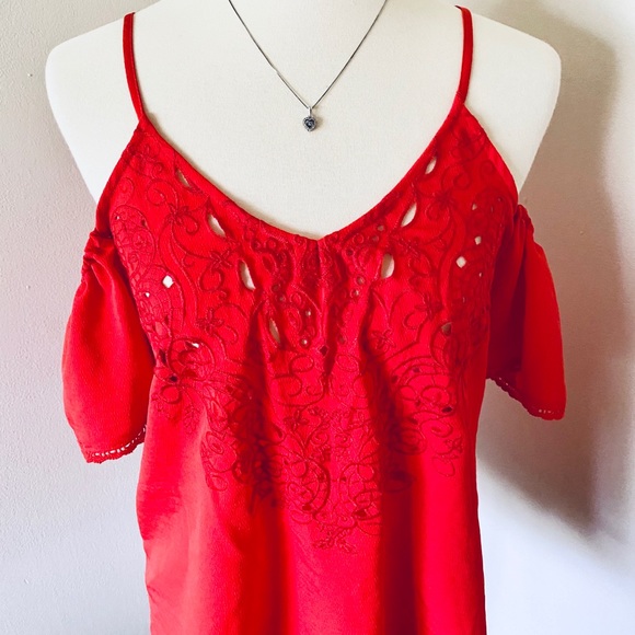 Eyeshadow Red ColdShoulder Eyelet Embroidered Tank - Picture 4 of 7
